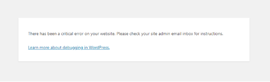 Tela da mensagem em inglês de erro critico do WordPress.